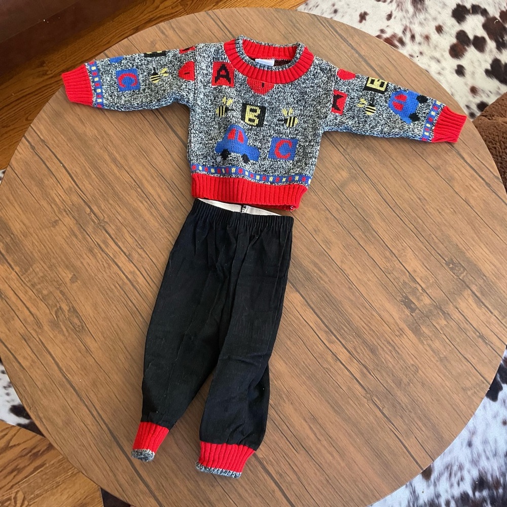 1990s Vintage Baby Lightning Bug Colorful Alphabet Sweater and Black Pants Set